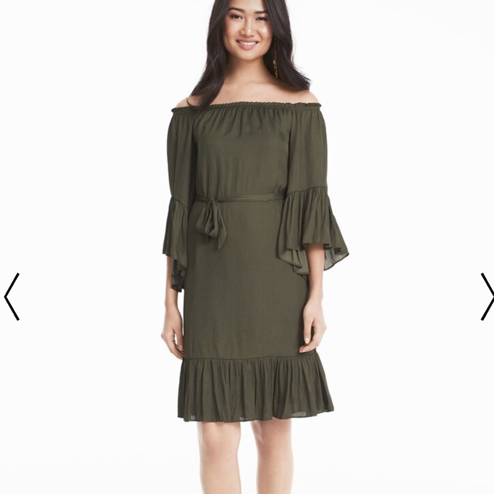 WHBM OLIVE GREEN OFF-THE-SHOULDER FLOUNCE DRESS